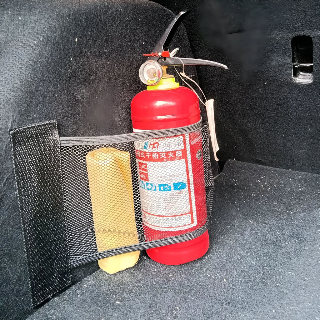 Polyester elastic storage net for organising items in a car boot, shown in 20x35cm and 20x45cm sizes.