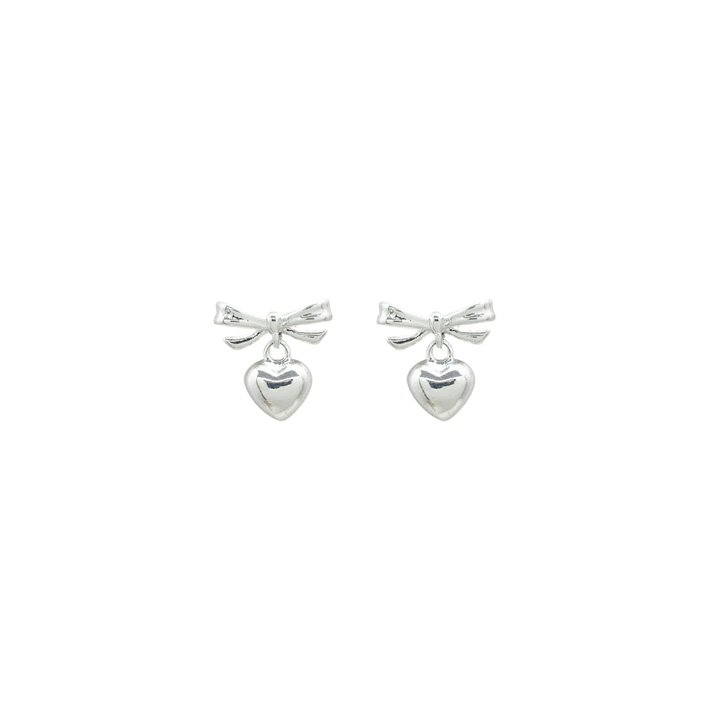 Thick silver-plated copper earrings with heart and bow design, light luxury style for women