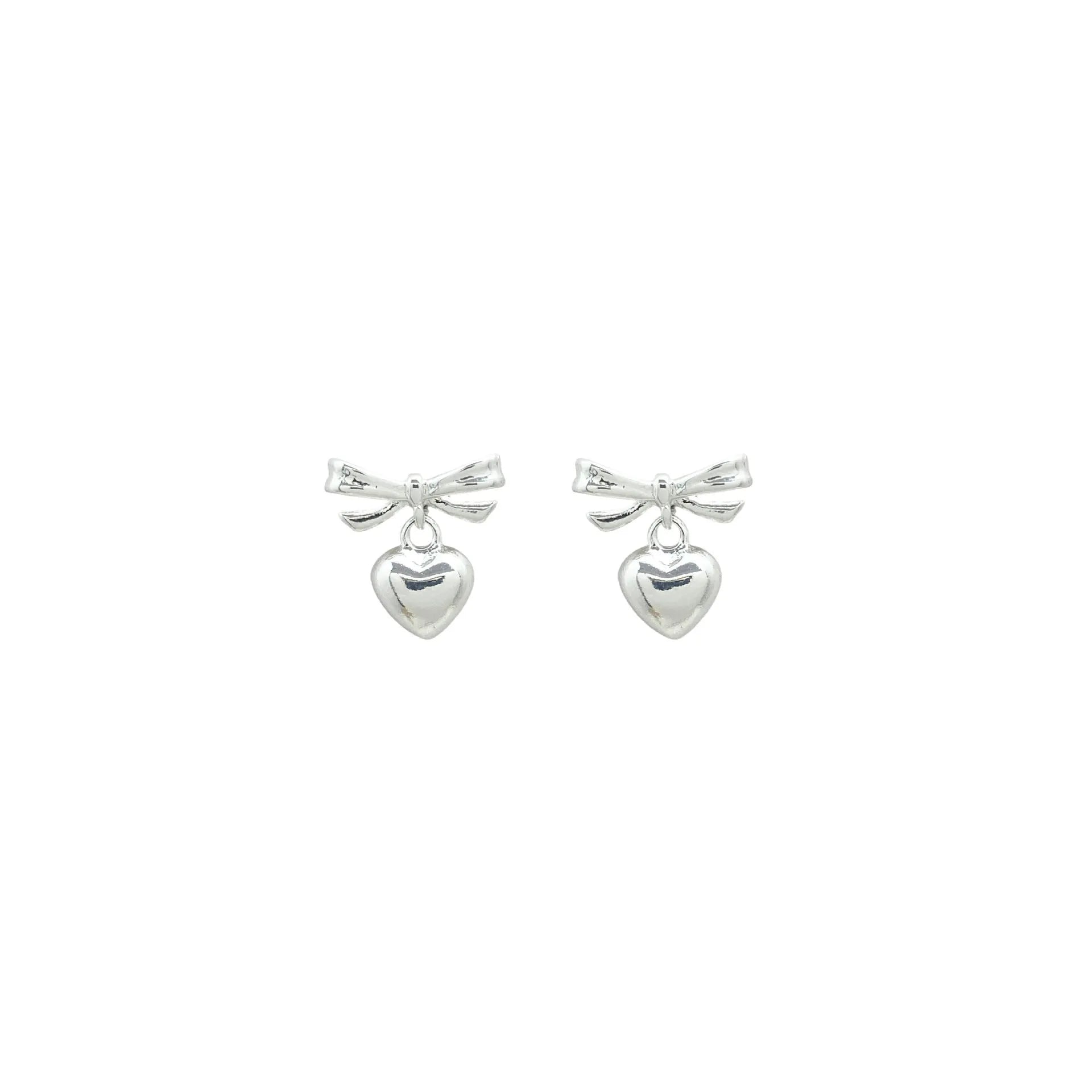 Thick silver-plated copper earrings with heart and bow design, light luxury style for women