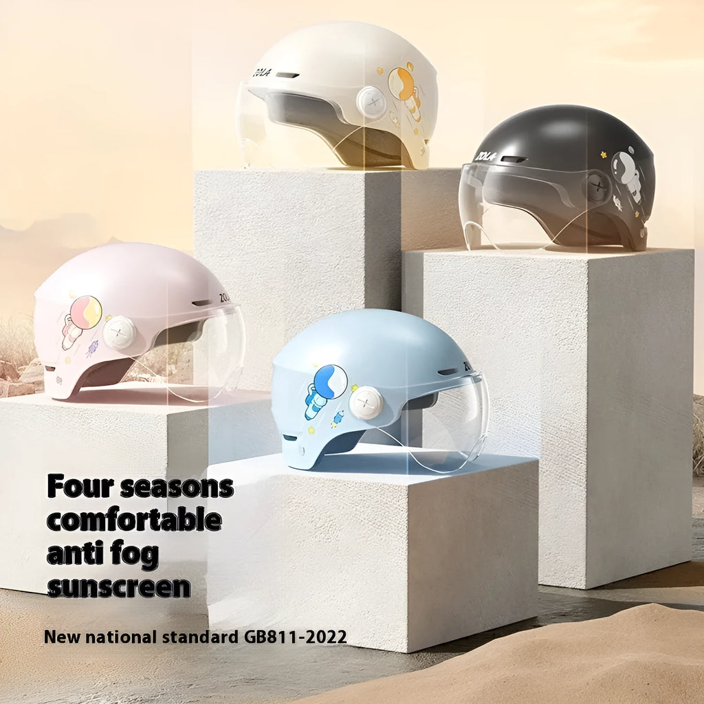 Khaki coloured electric motorcycle half helmet with a long clear visor on a grey background.