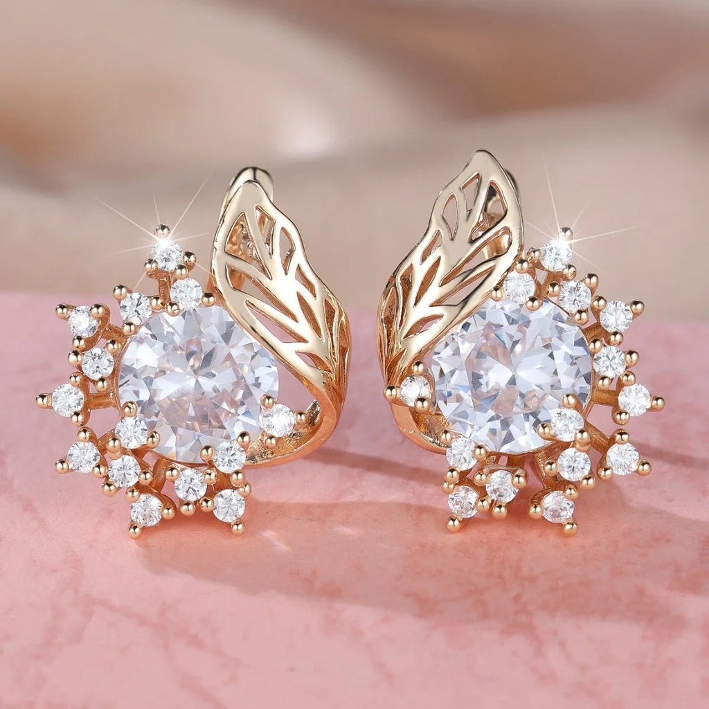 Round flower feather earrings with zircon stones in champagne gold finish, approximately 2-3cm diameter