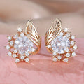Round flower feather earrings with zircon stones in champagne gold finish, approximately 2-3cm diameter