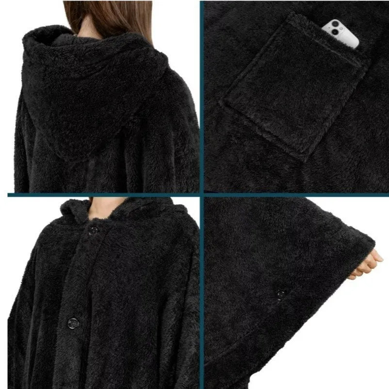 A thick hooded bathrobe in dark grey, shown hanging, with long sleeves and a cardigan front.