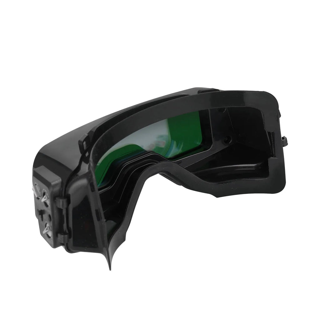 Black automatic darkening welding mask with a large rectangular lens for arc welding protection.