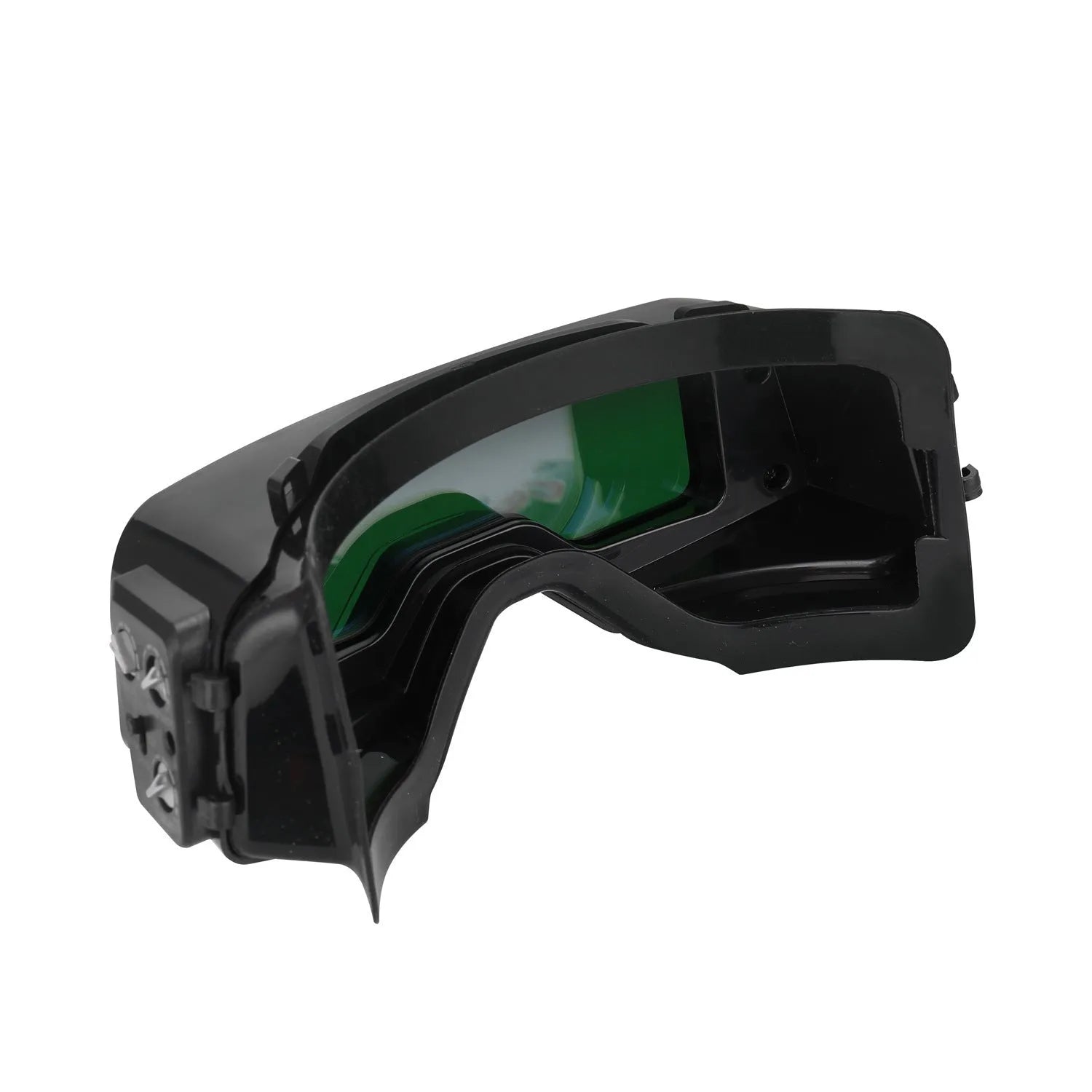 Black automatic darkening welding mask with a large rectangular lens for arc welding protection.