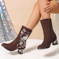 Women's mid-calf retro style boots with floral embroidery on suede upper in coffee colour