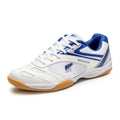 White and blue table tennis sneakers with synthetic leather upper and rubber sole on a court surface.
