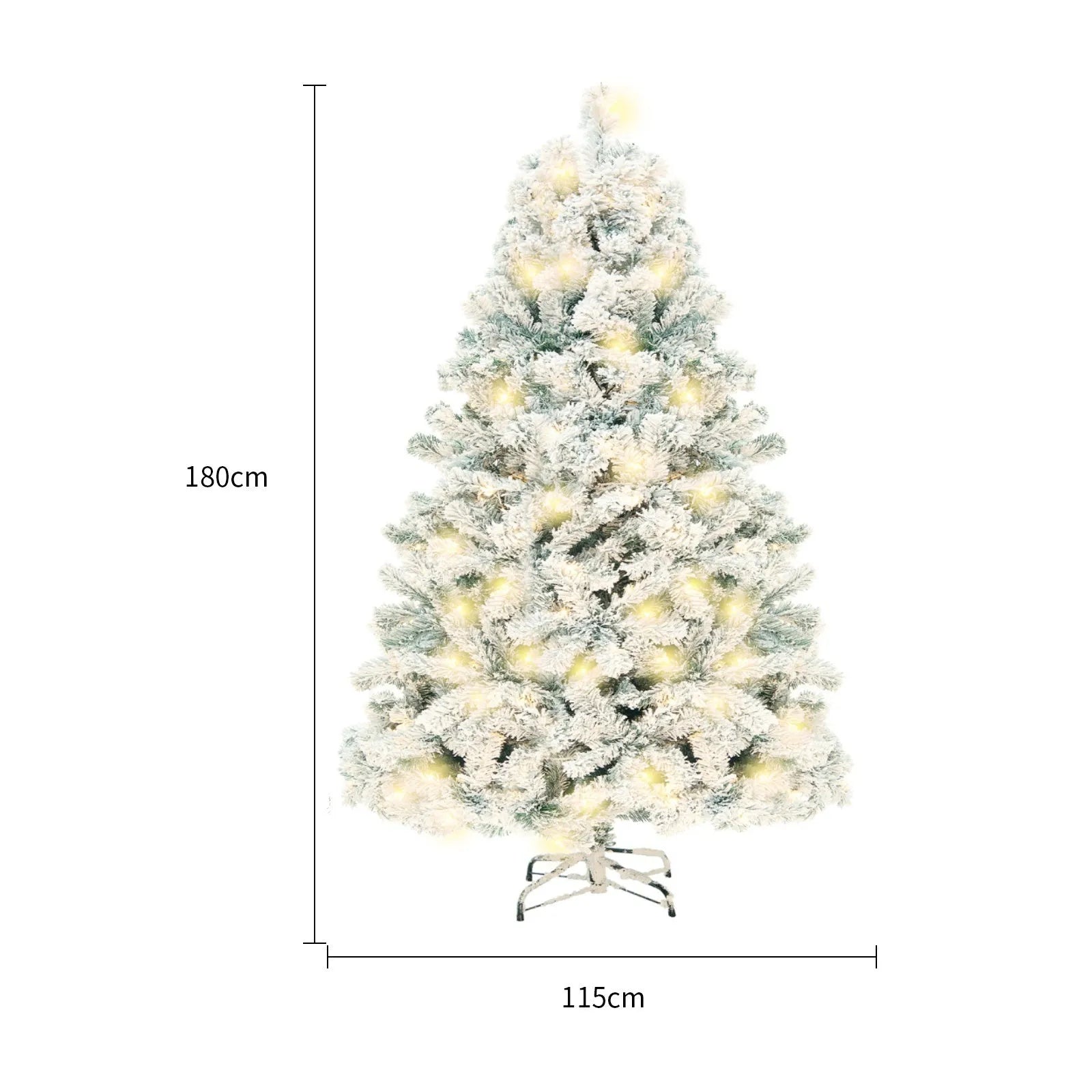 Green and white PVC artificial snow Christmas tree with metal stand in 150cm, 180cm, and 230cm sizes.