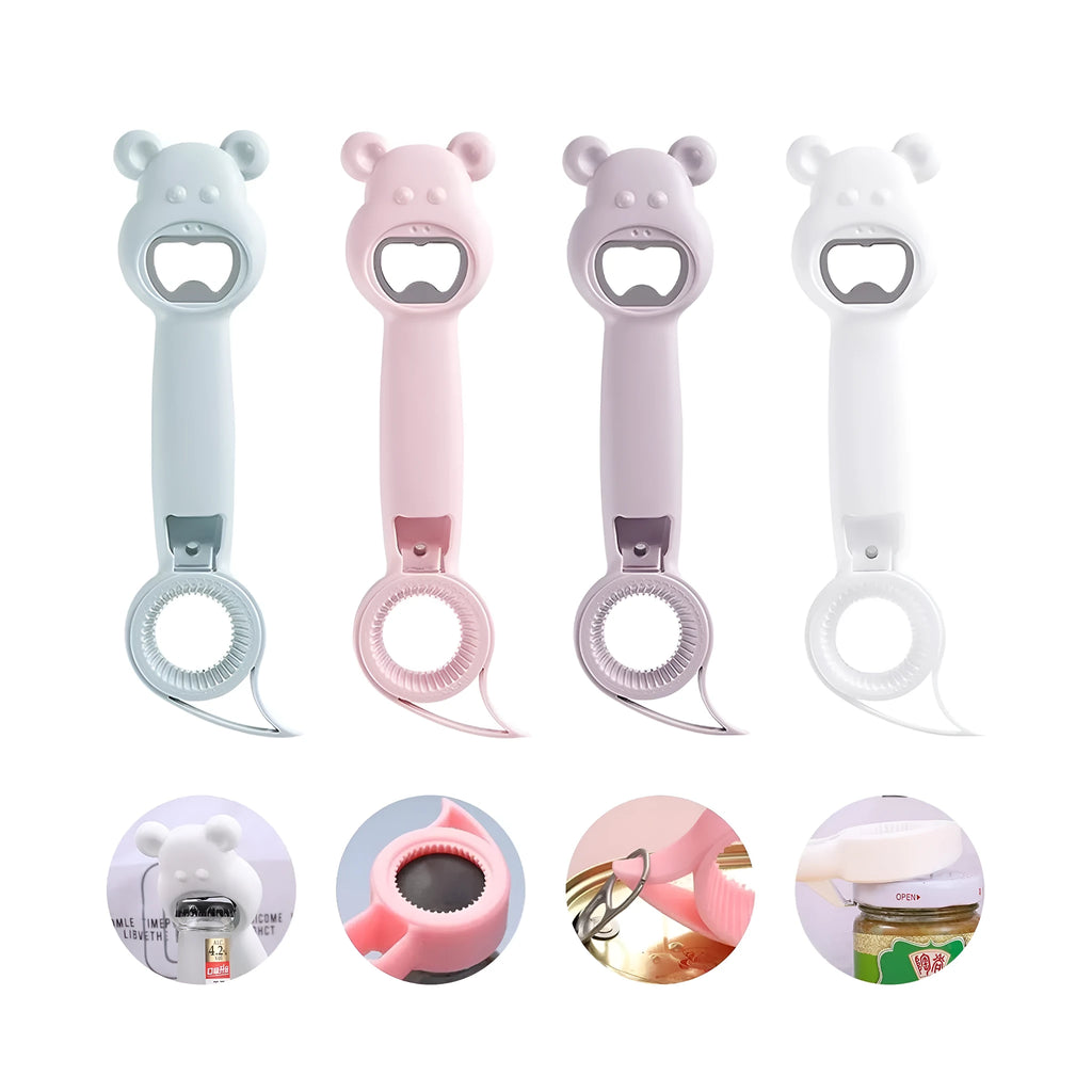 4-in-1 stainless steel and PP manual bottle opener and jar opener in gray blue, 21 cm long, on a white surface