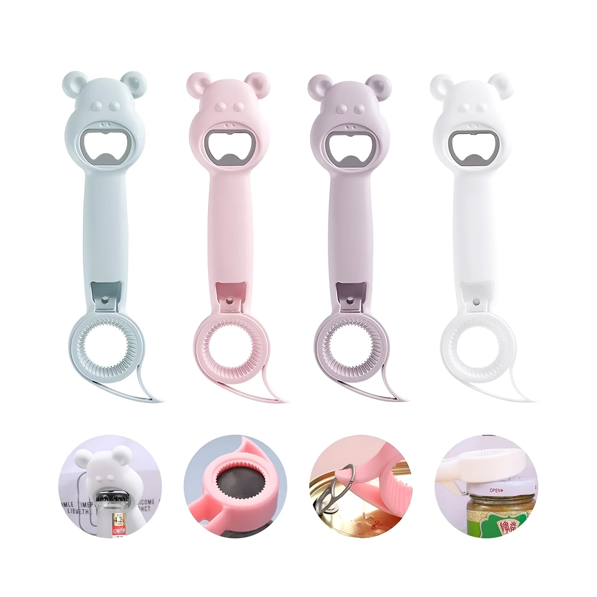 4-in-1 stainless steel and PP manual bottle opener and jar opener in gray blue, 21 cm long, on a white surface