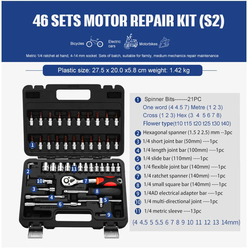 Cr-V chromium vanadium steel socket ratchet wrench set for DIY and auto repair.