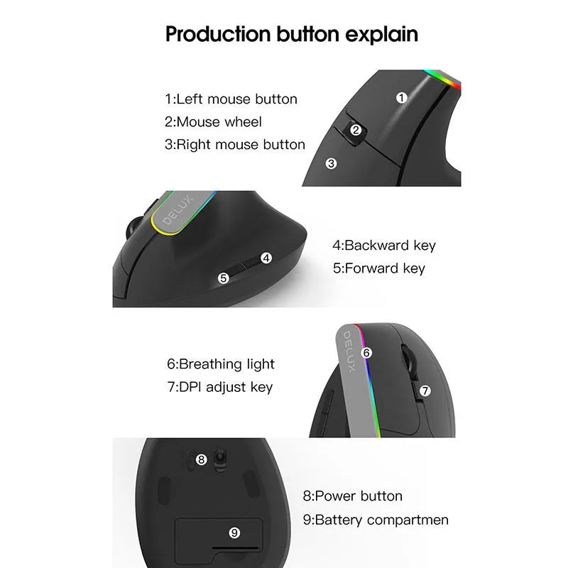 Black and white M618C wireless vertical ergonomic mouse with RGB lighting, shown from the side.