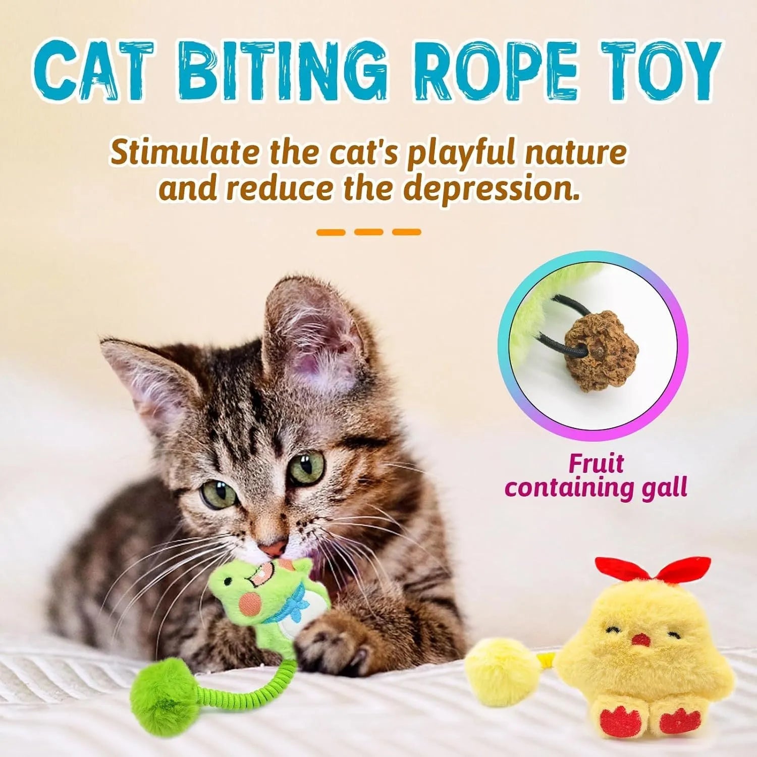 4-in-1 interactive cat toy set with plush animal, silvervine fruit, stretching spring, and fuzzy red ball.