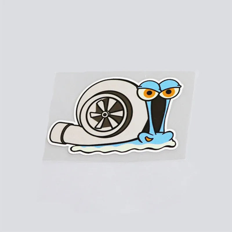 Reflective snail cartoon car bumper sticker with colourful design on white background