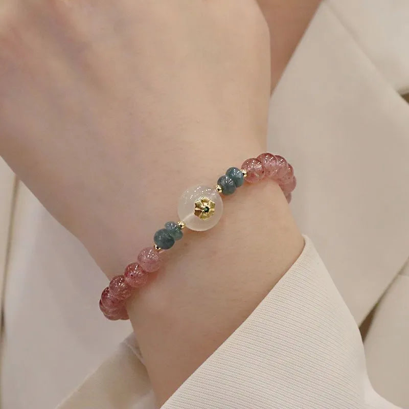 Women's New Chinese style bracelet with strawberry quartz, blue water emerald jade pendant, and electroplated metal elements