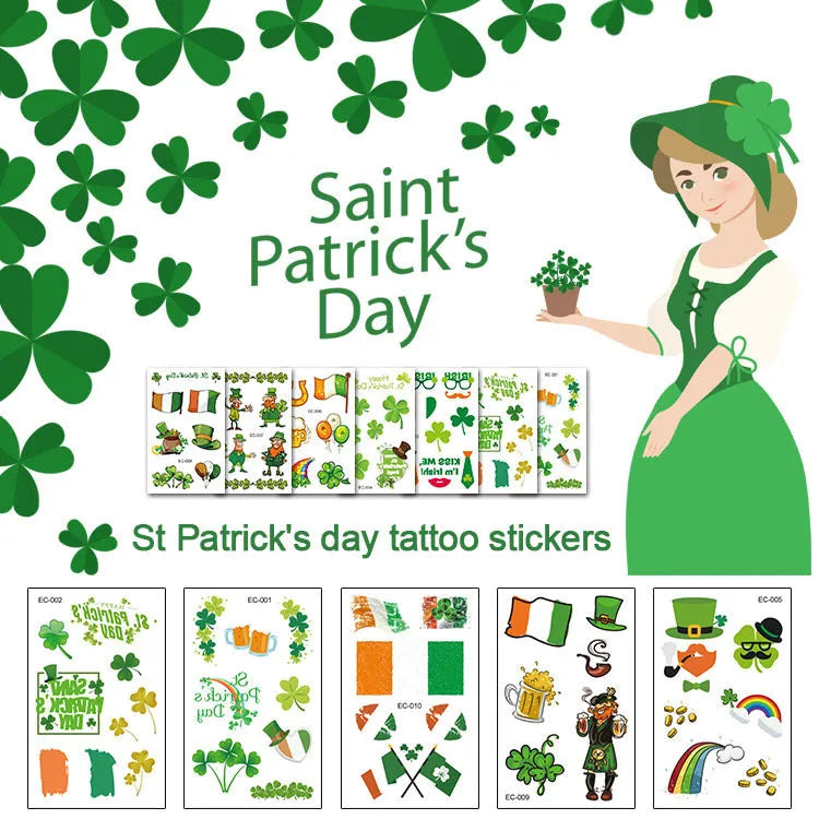 Paper tattoo sticker with green clover design for St. Patrick's Day, showing 120x75mm size.