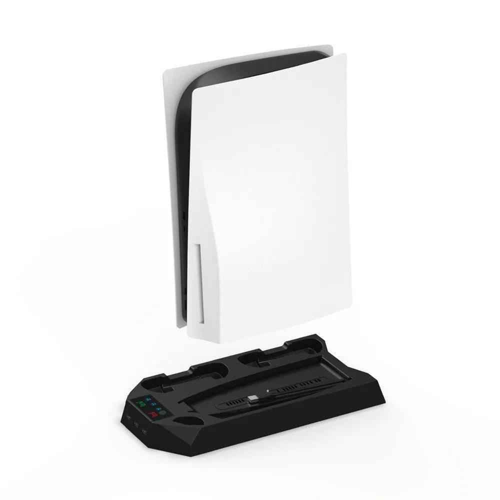 PS5 charging base radiator stand in black with controller dock and headset hook