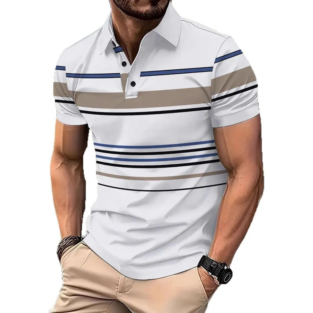 Men's white striped short sleeve polyester t-shirt for summer business casual wear
