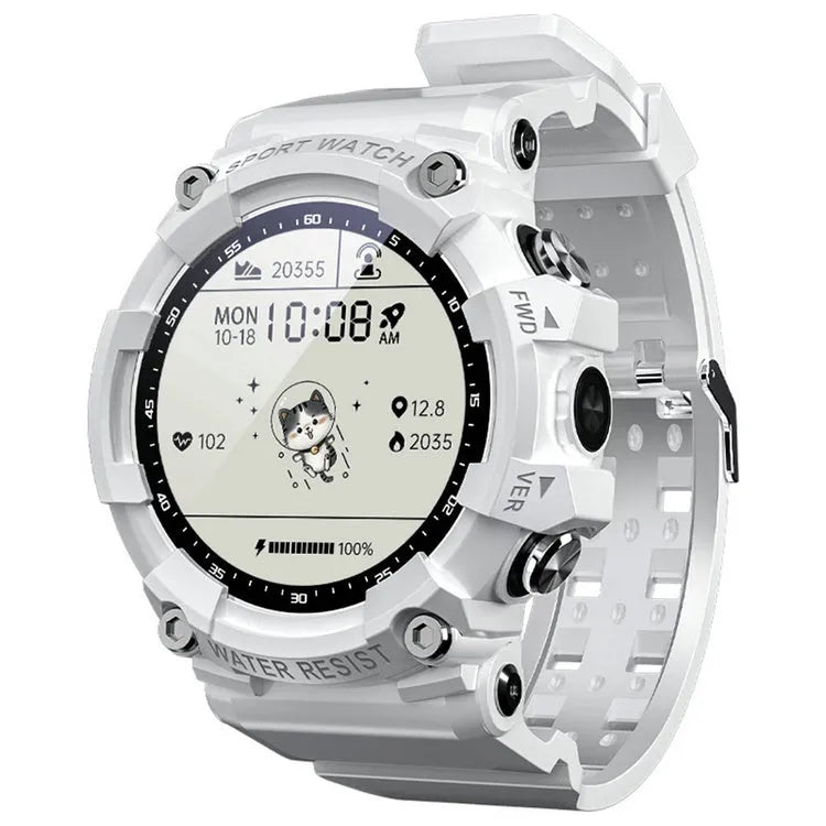Black IP67 waterproof smart sports watch with round colour screen displaying health metrics