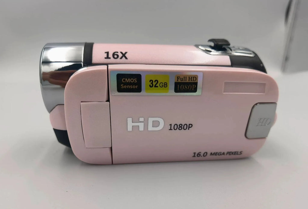1080p children's gift camera with 16MP resolution and 16x digital zoom in black, pink, red, silver, or white