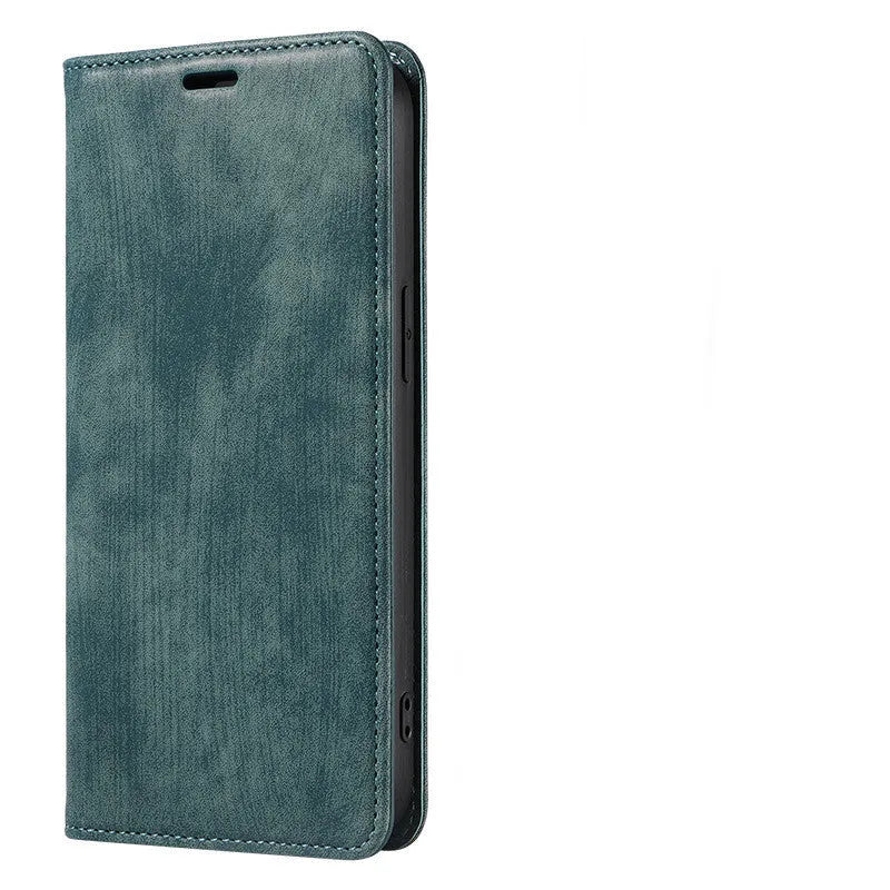 Magnetic leather flip phone case for iPhone in grey, showing front cover closed.