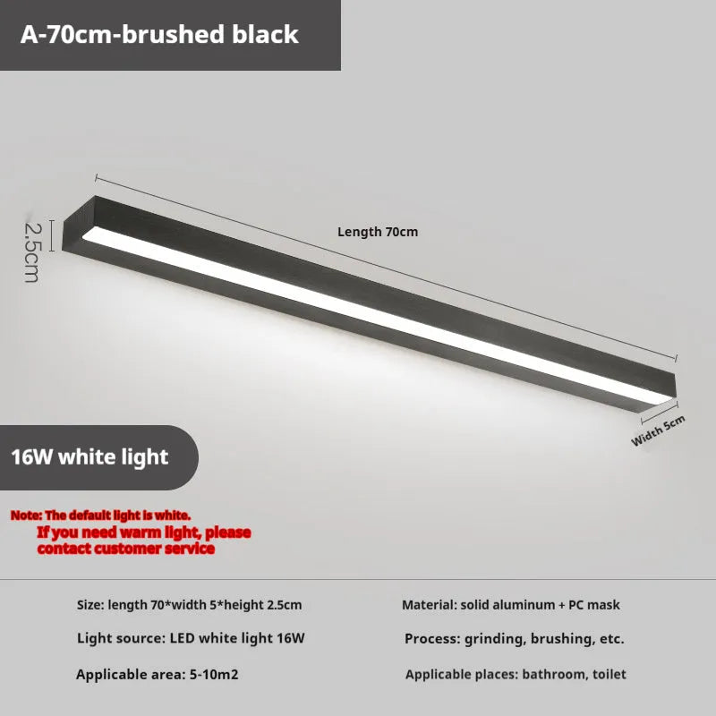 Punch-free bathroom mirror wall lamp in black or brushed silver, 40-70cm, with white warm or tricolor light
