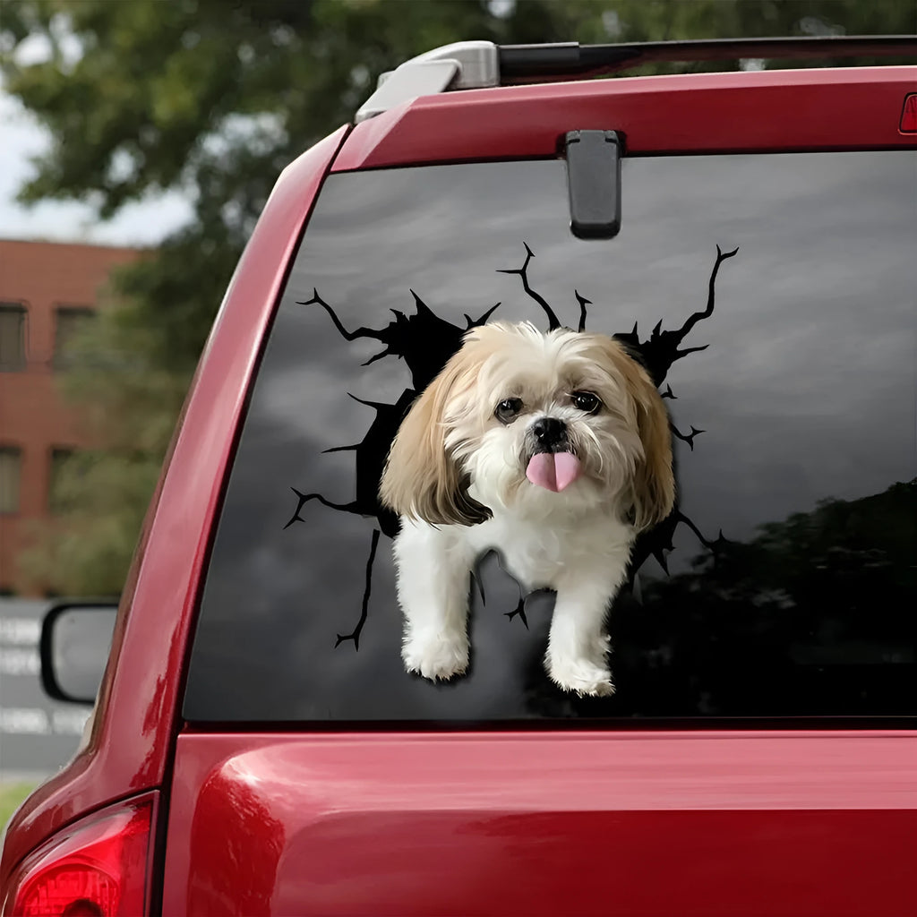 Reflective window sticker showing a humorous tearing dog silhouette, available in 30cm, 40cm, and 50cm sizes.