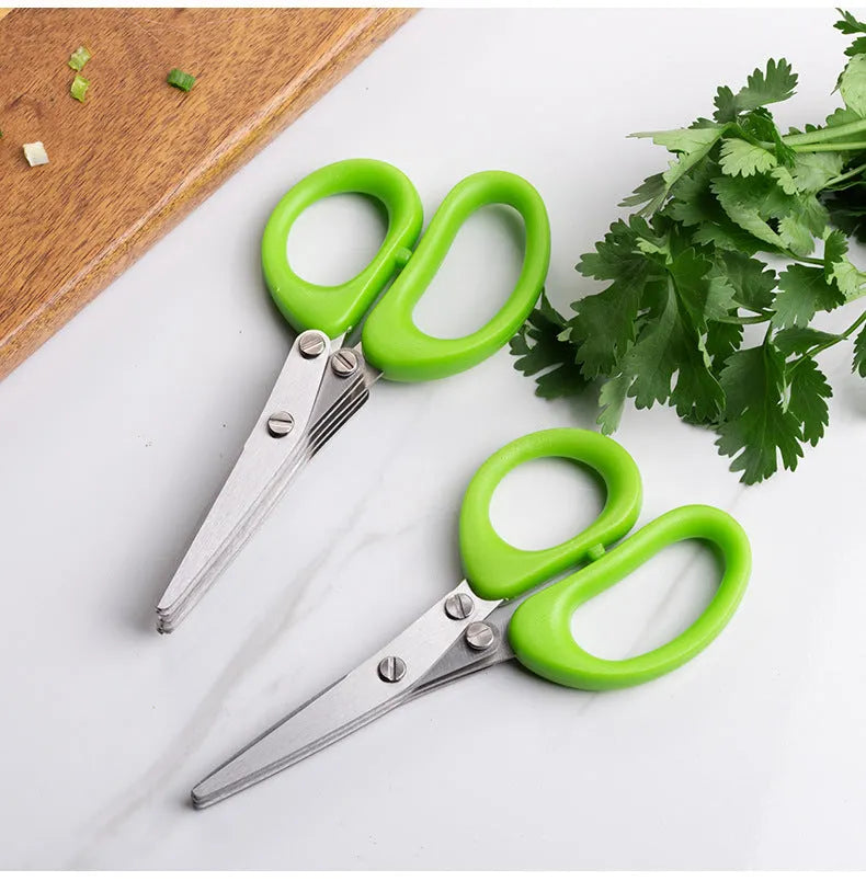 Green multi-layer stainless steel kitchen scissors for cutting herbs and green onions