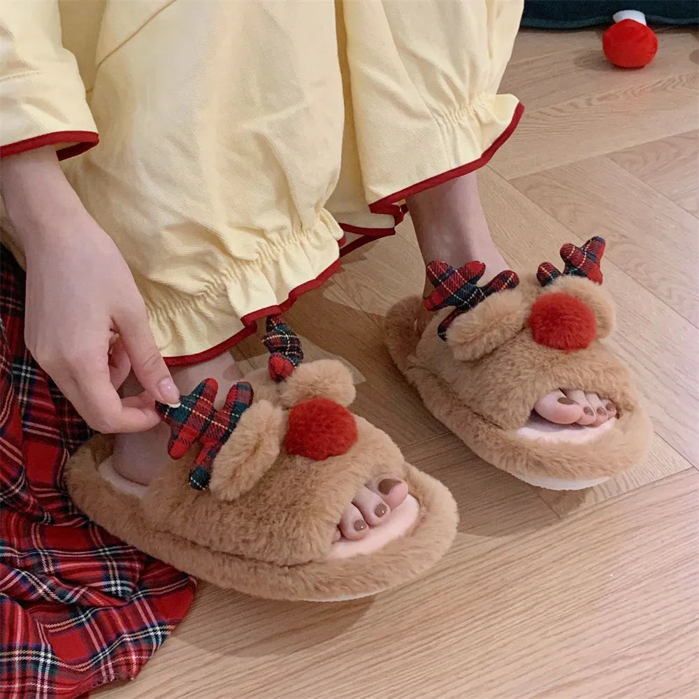 Brown deer cartoon design women's indoor slippers with suede upper and flip-flop style