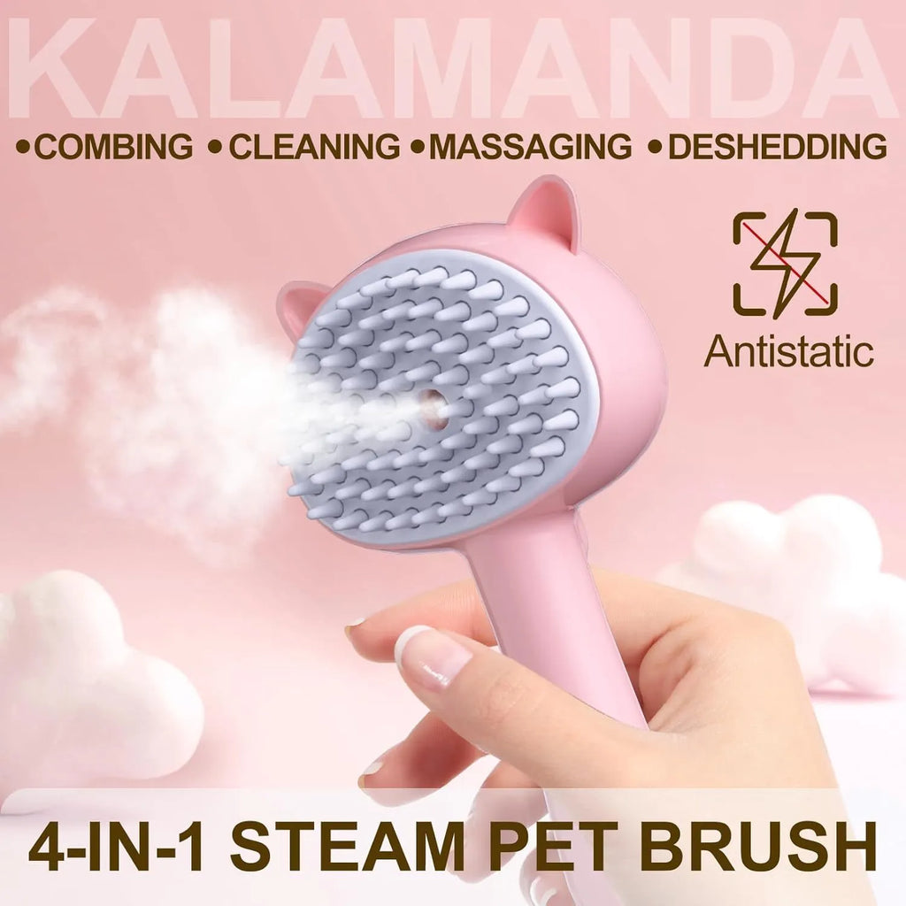 Cat ear-shaped steam brush with soft rubber bristles and release button for pet grooming