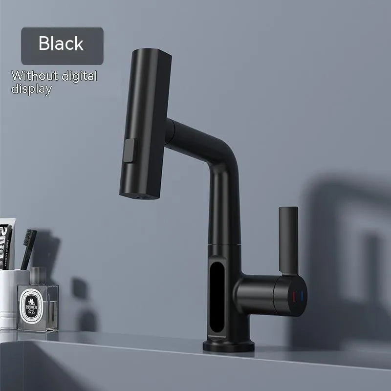 Digital display pull-out faucet showing water temperature with extendable hose