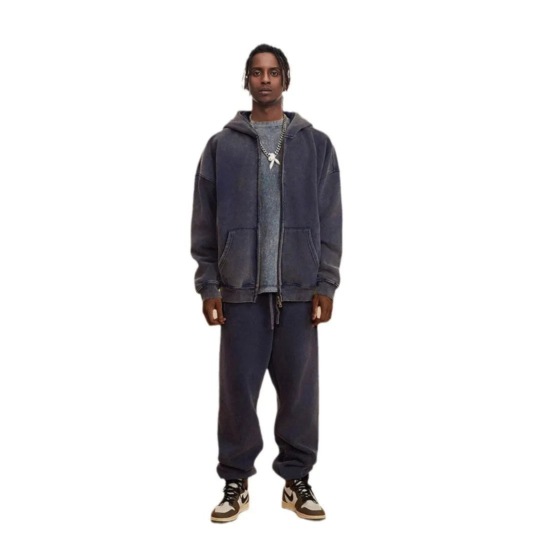 Men's vintage-style cotton hooded cardigan in washed colours with double zipper front
