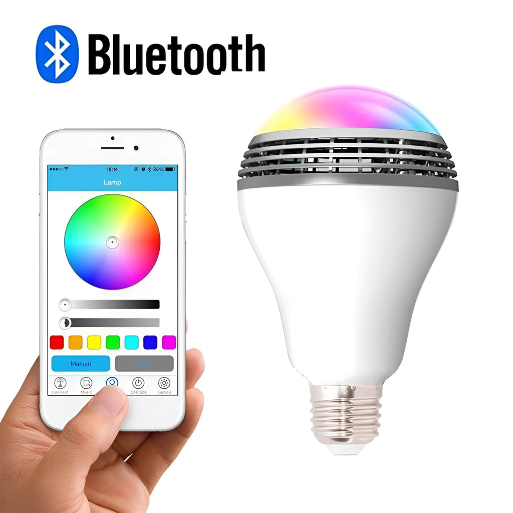 E27 LED smart Bluetooth speaker bulb with white PC body, 100mm diameter.