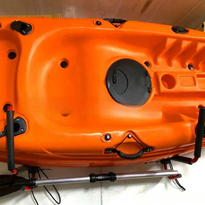 Carbon steel kayak and surfboard wall hanger rack for storage.