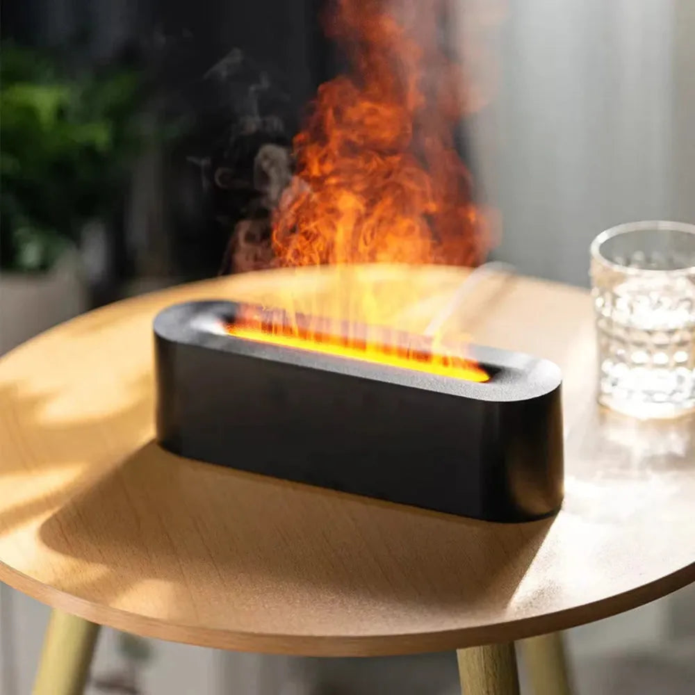 Square black and white USB-powered lava flame aroma diffuser and humidifier on a desktop