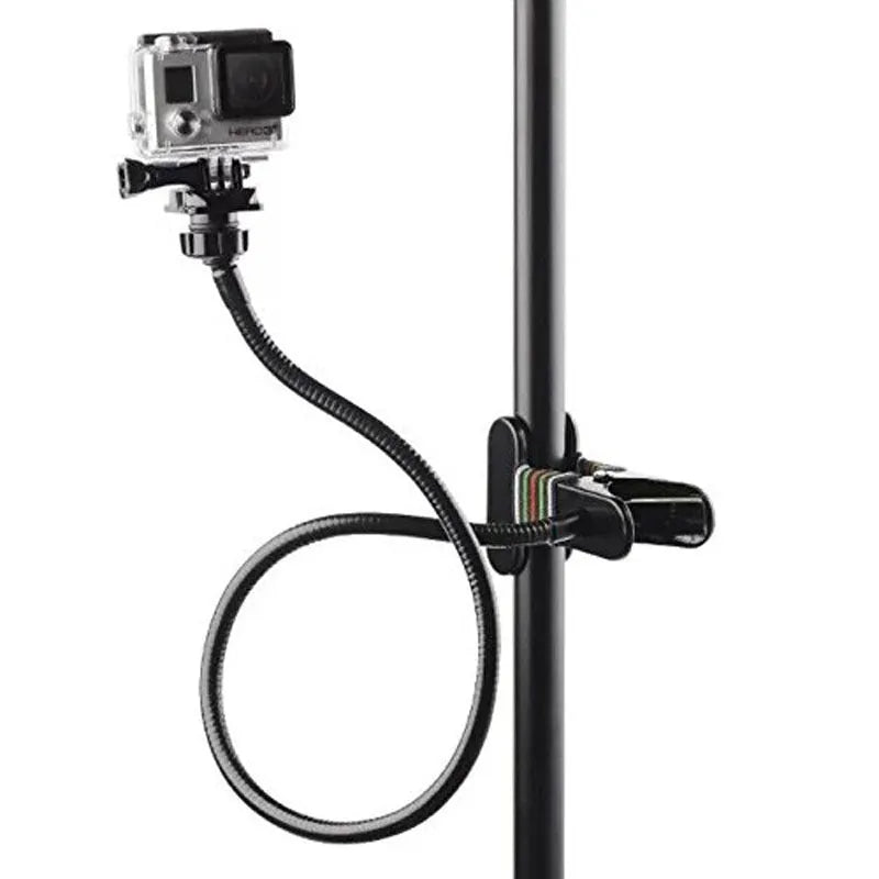 Black universal metal webcam support hose bracket with cellphone holder attached to desk