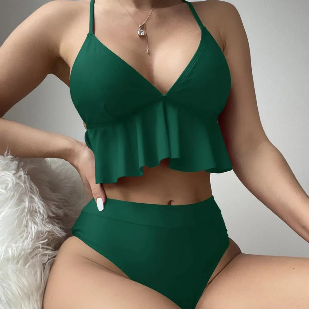 Women's solid colour bikini swimsuit top and pants on a mannequin.
