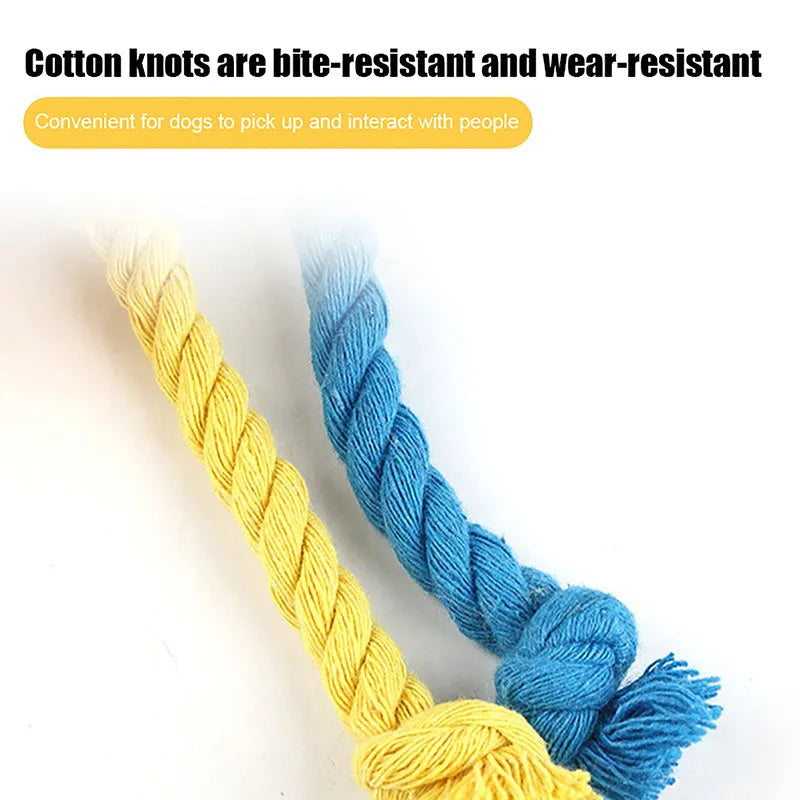 Blue and yellow cartoon elastic football dog toy made from plush cotton rope.