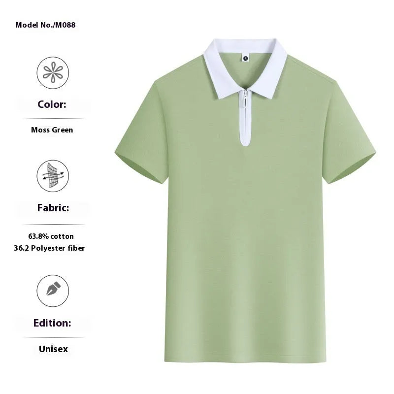 Zipper and lapel polo shirt in solid colour with short sleeves and loose fit design