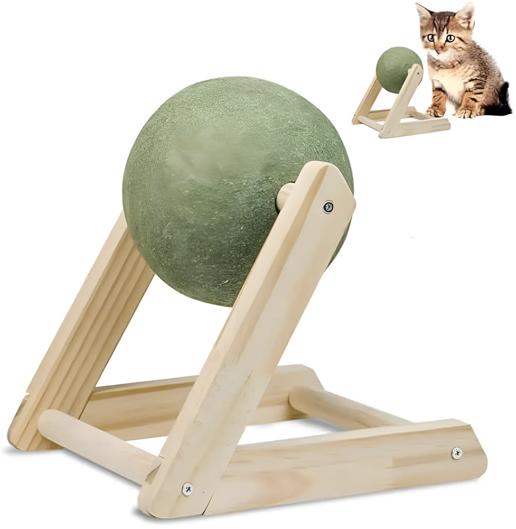 Giant green catnip ball with wooden holder for indoor cats, available in sizes L and S