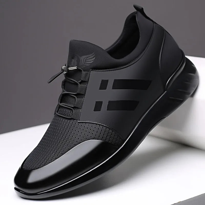 Men's black casual height increasing shoes in leather, Lycra, and mesh variants with round toe and chunky heel.