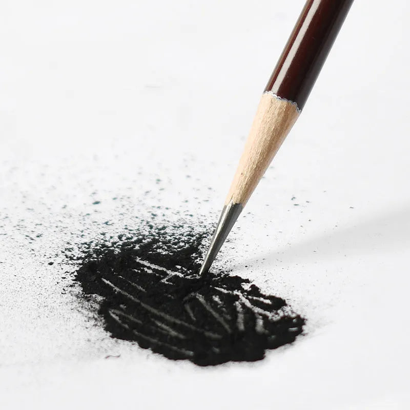 Professional charcoal pencil art set showing multiple hardness grades from 2H to EE with rolling charcoal and drawing wire components