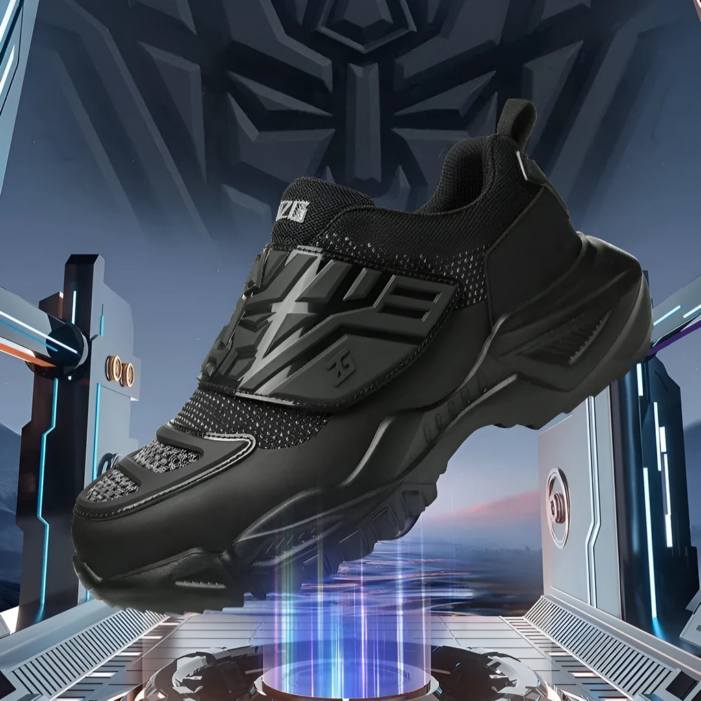 Black men's steel toe safety work shoes with felt buckle closure on a light background