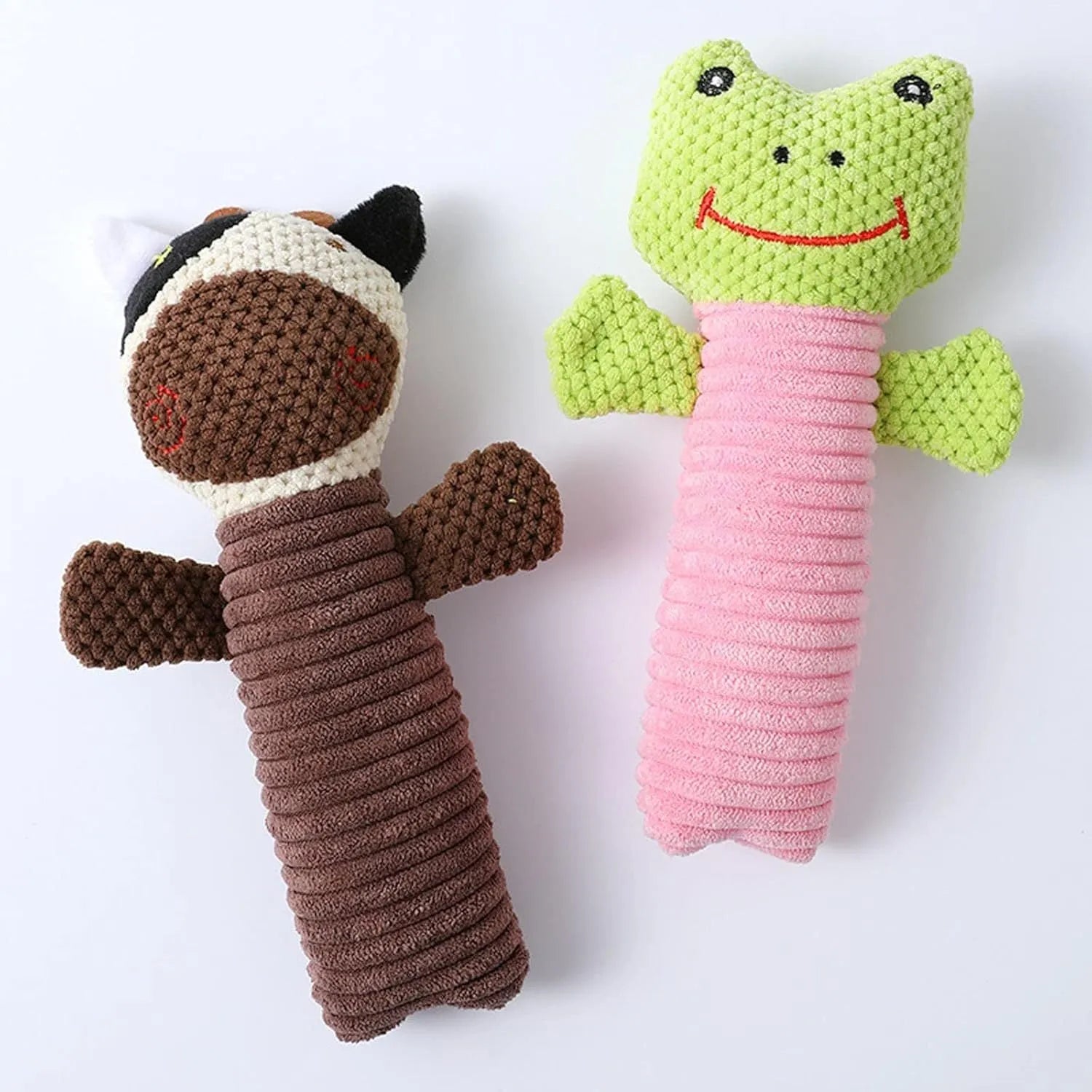 Soft cloth dog squeaky chew toy measuring 19cm by 5cm in stuffed animal shape