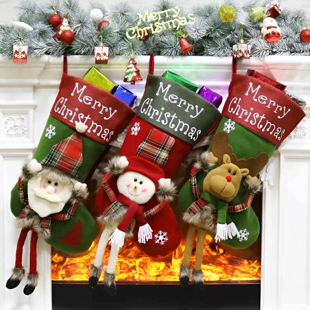 Three large red Christmas stockings with Santa, Snowman and Reindeer 3D applique designs