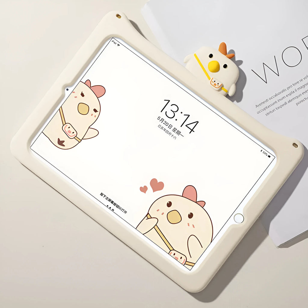 Silicone iPad cover for children with cartoon Backpack Chicken design and frame-type edge protection