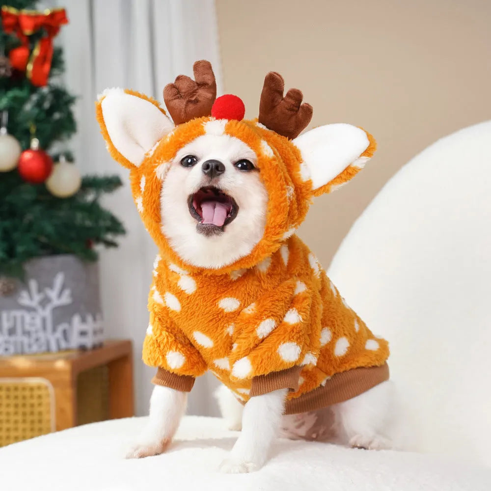 Elk design fleece-lined dog costume for small to medium breeds in Christmas red colour