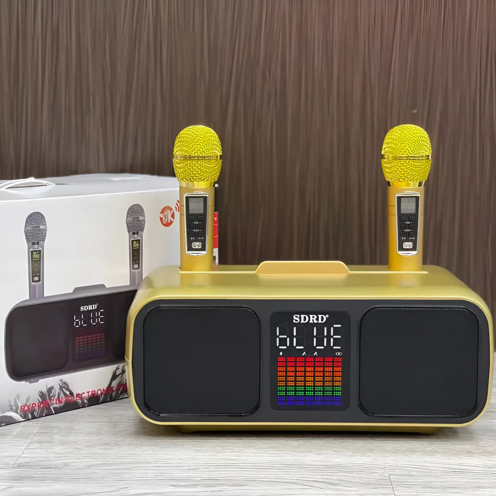 SD318 desktop Bluetooth speaker in grey with two wireless microphones USB powered 15W