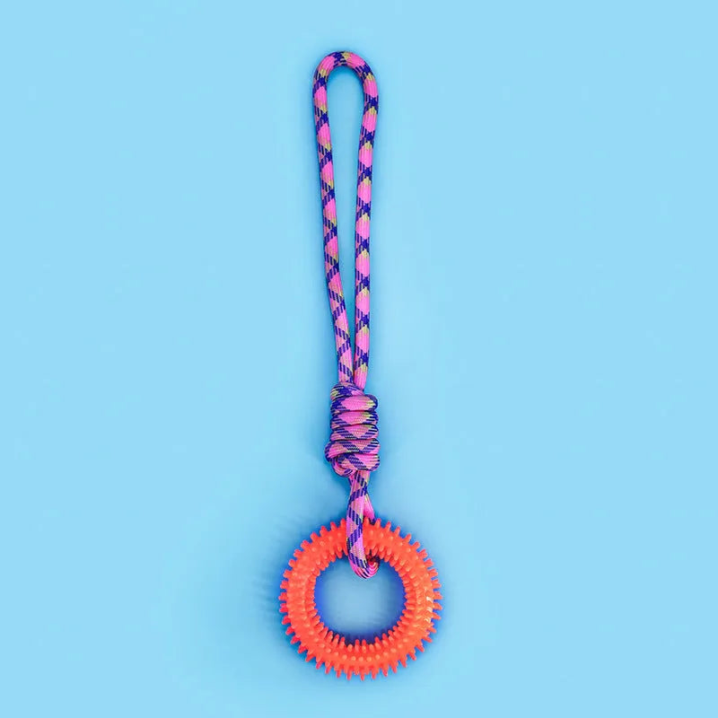 Blue braided rope dog toy with knot design measuring 43cm in length