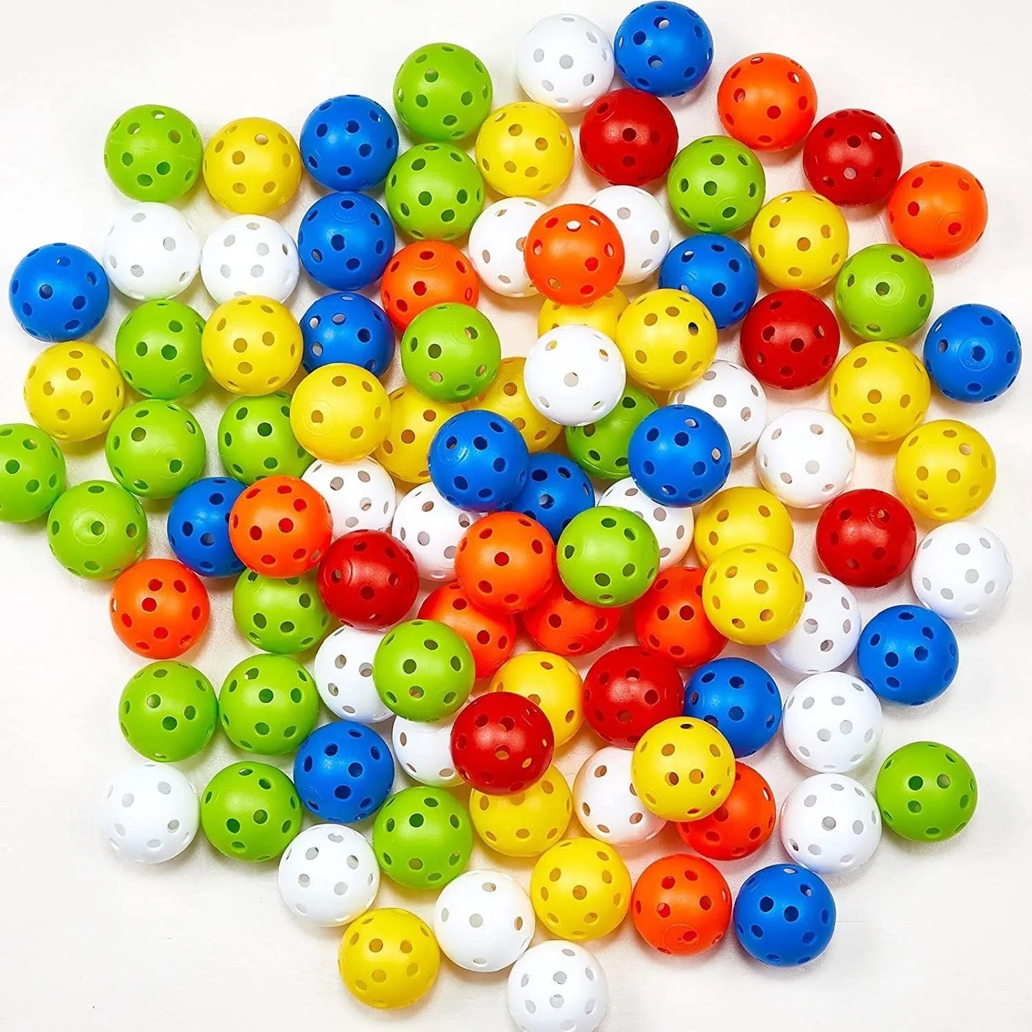 Assortment of red, orange, blue, green, white, and yellow 26-hole golf practice balls in a net bag.